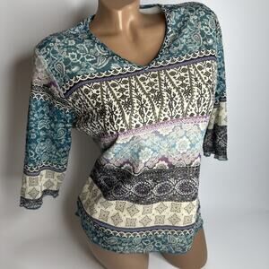 Boho Paisley Floral Mesh Top V Neck Stretch Y2K Indie Cottagecore L Witchy Artsy